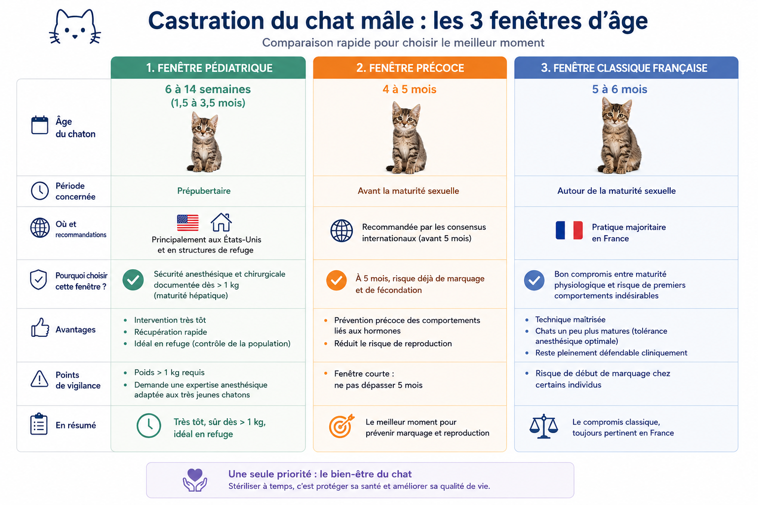 Comparaison des 3 fenêtres d'âge pour la castration du chat mâle : pédiatrique, précoce, classique française
