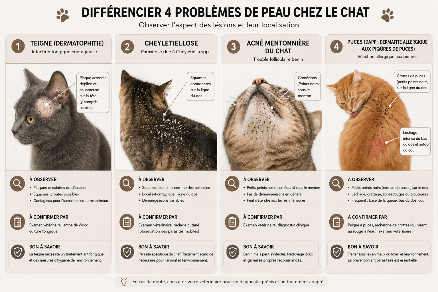 Différencier teigne du chat, cheyletiellose, puces et acné féline : quatre aspects de lésions comparés