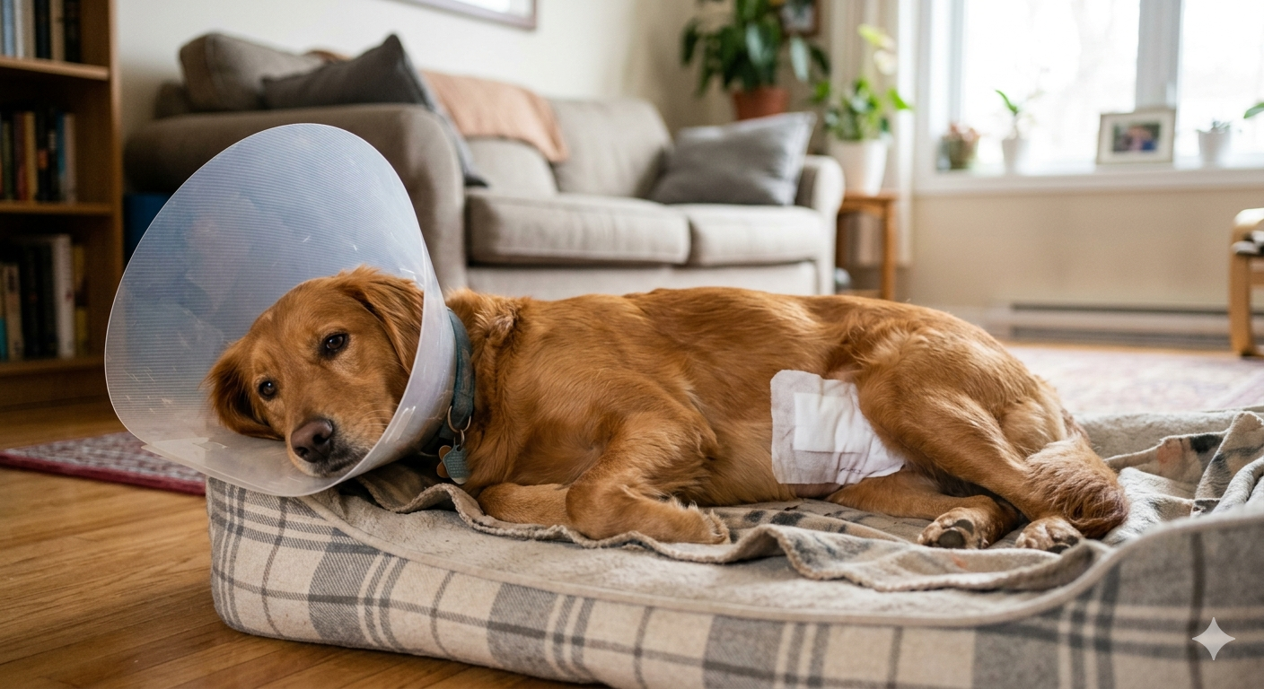 Photo d'une chienne en post-opératoire ayant été stérilisée