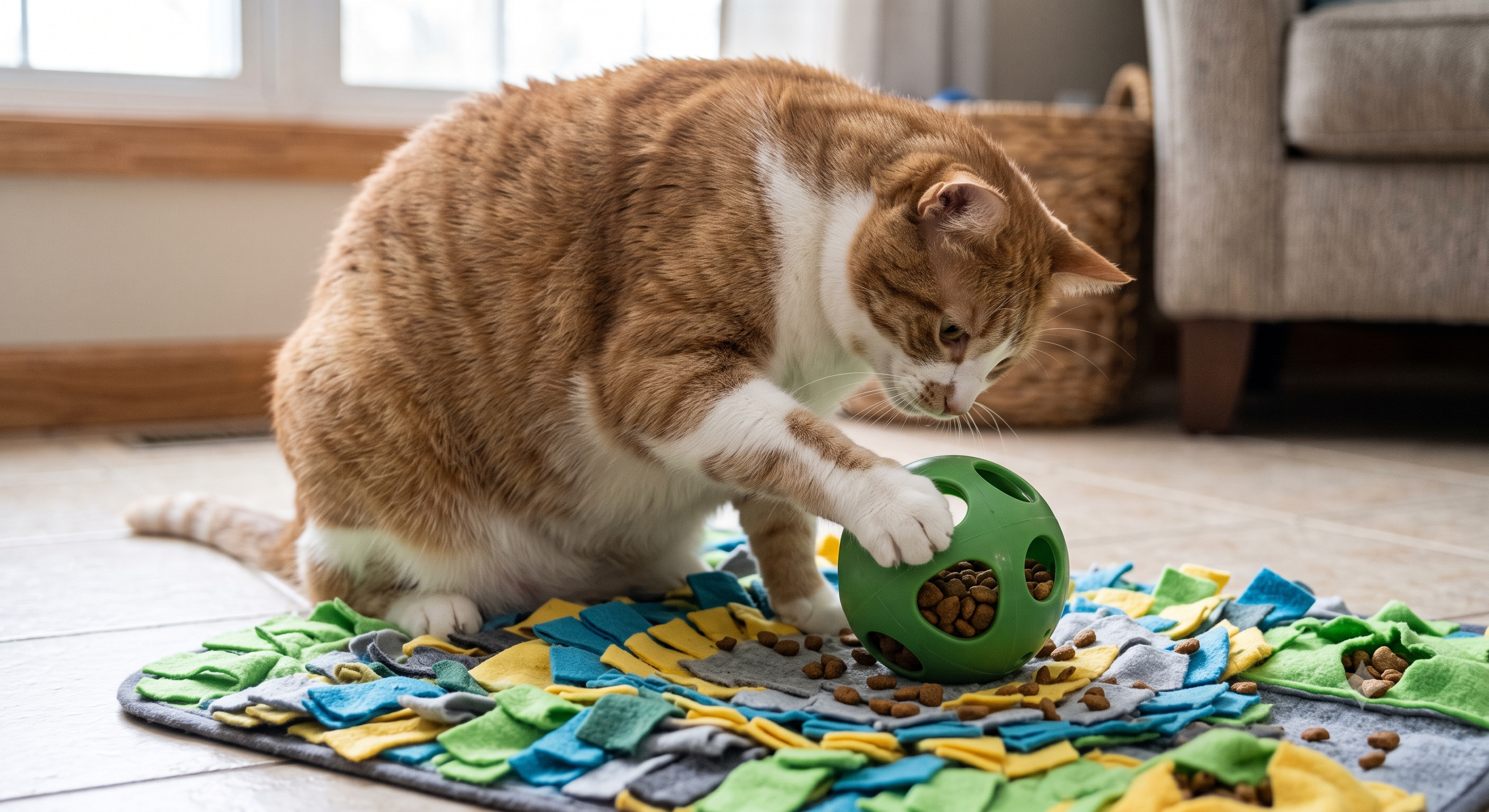 Chat en surpoids mangeant dans un distributeur ludique pour ralentir la prise alimentaire