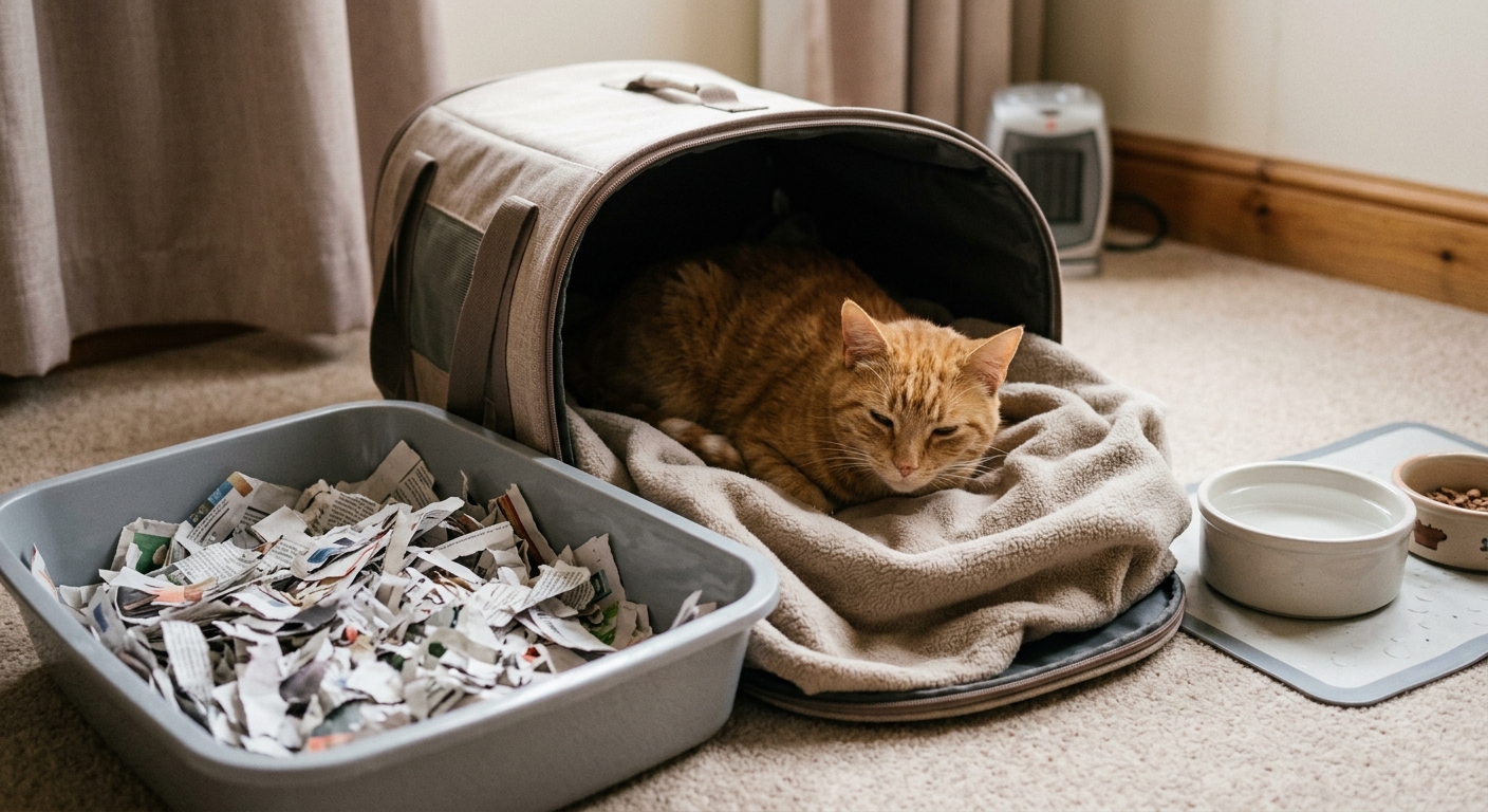Chat mâle en convalescence après castration : environnement calme, litière en papier déchiré, repos