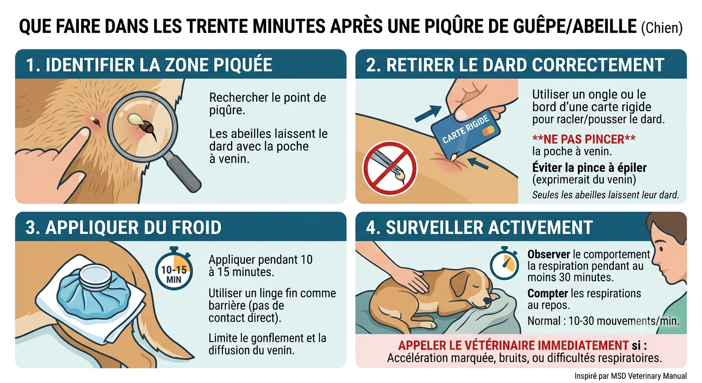 Geste de retrait du dard d'abeille sur la peau d'un chien à la carte rigide