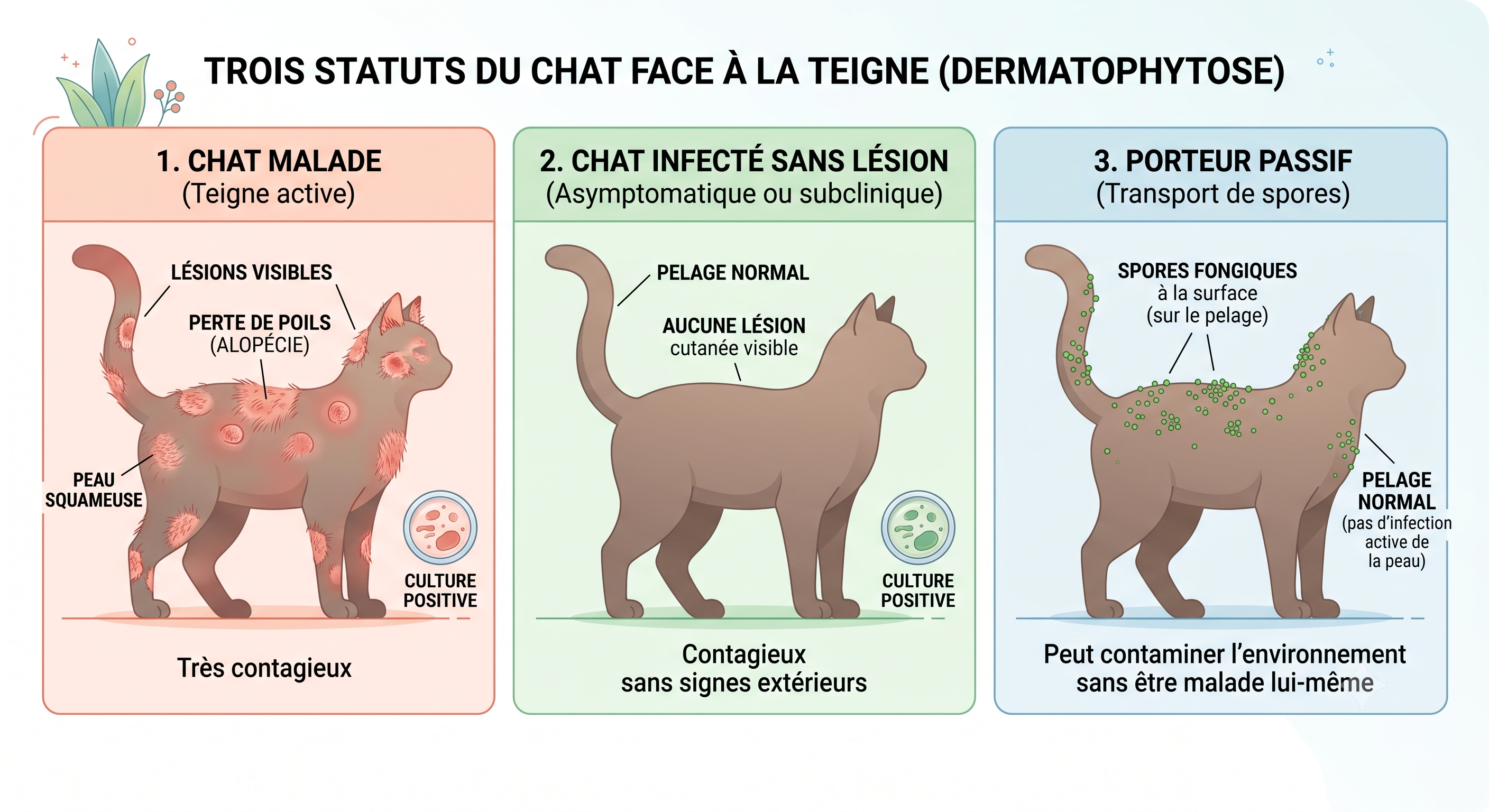 Trois statuts du chat face à la teigne : malade, infecté sans lésion, porteur passif de spores