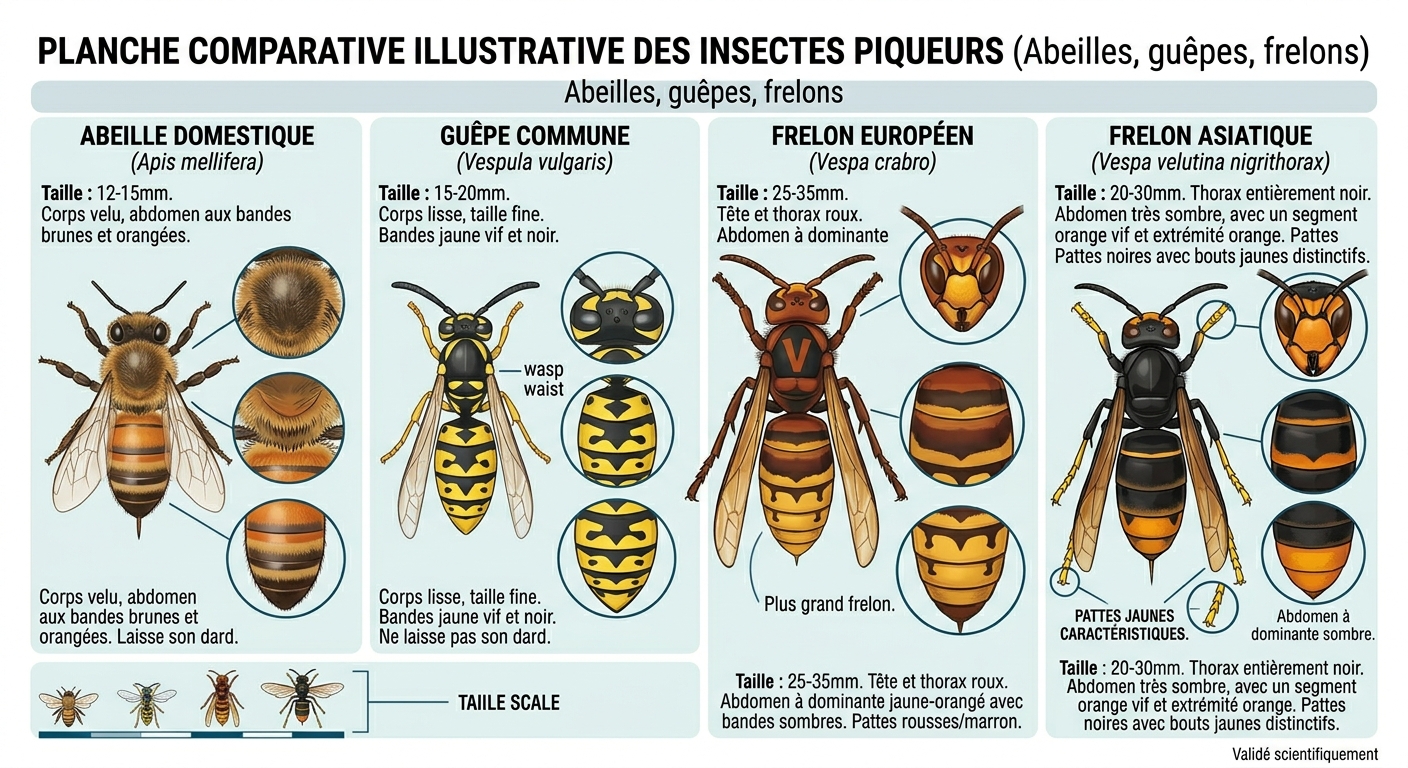 Comparaison visuelle abeille, guêpe, frelon européen et frelon asiatique