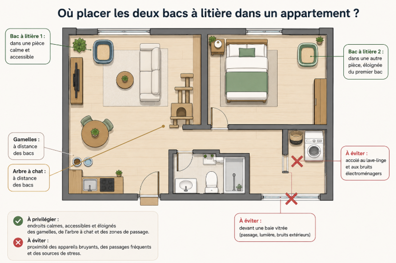 Plan d'appartement montrant où placer les deux bacs à litière d'un chat et les emplacements à éviter