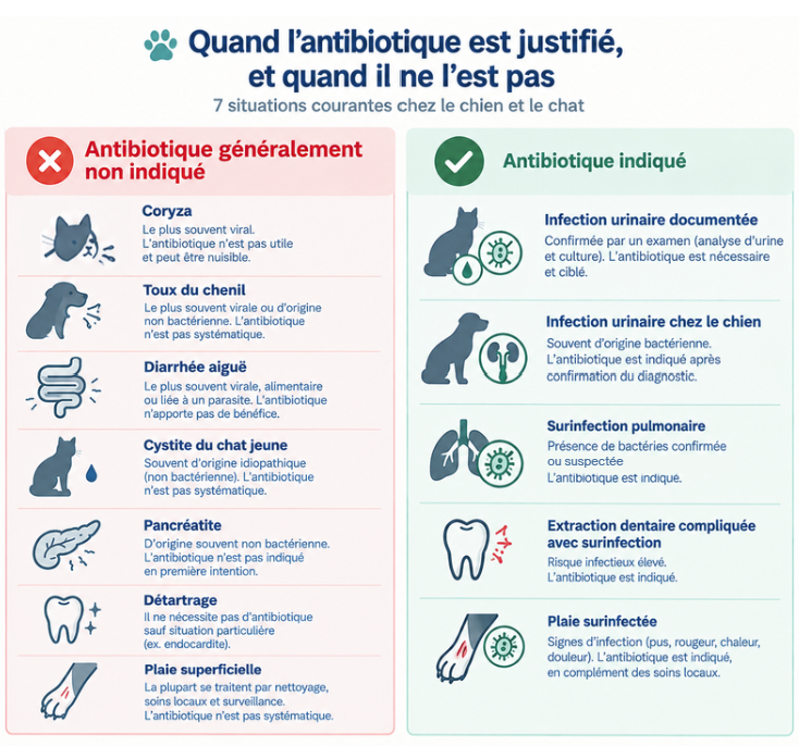 Tableau des situations où l'antibiotique est justifié ou non chez le chien et le chat