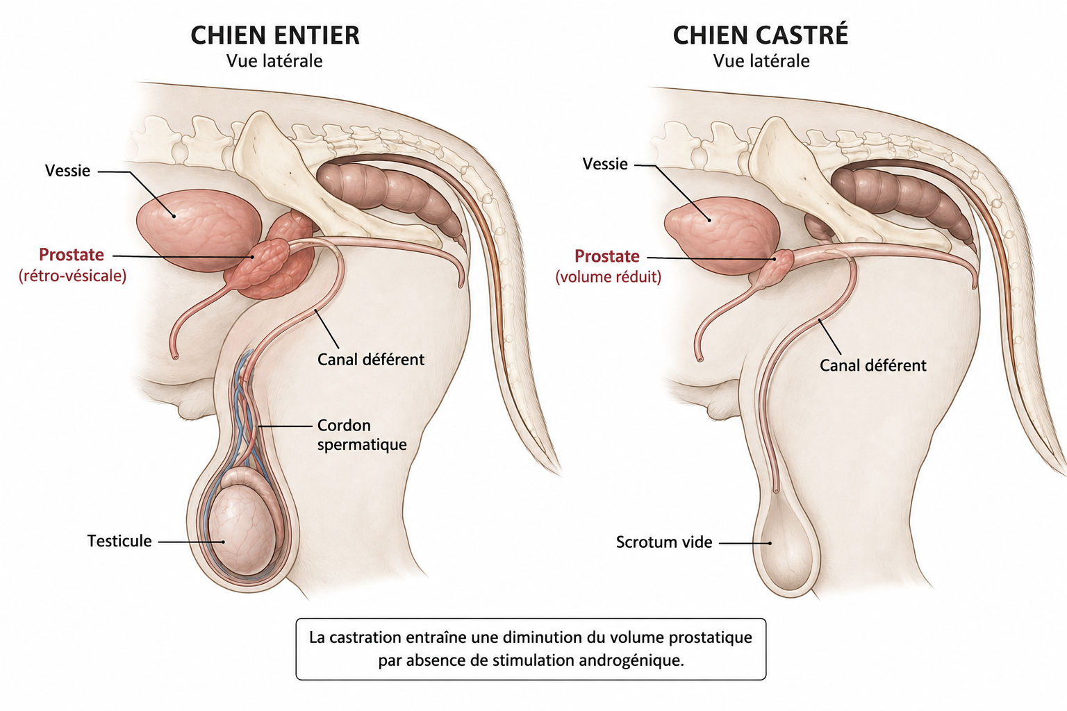 Schéma comparatif de l'appareil génital du chien mâle entier et castré, avec réduction du volume de la prostate