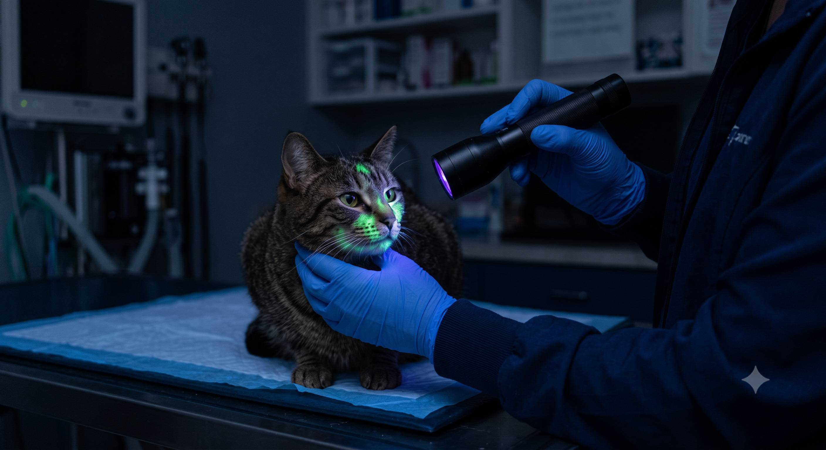 Examen à la lampe de Wood chez le chat : fluorescence vert fluo des poils infectés