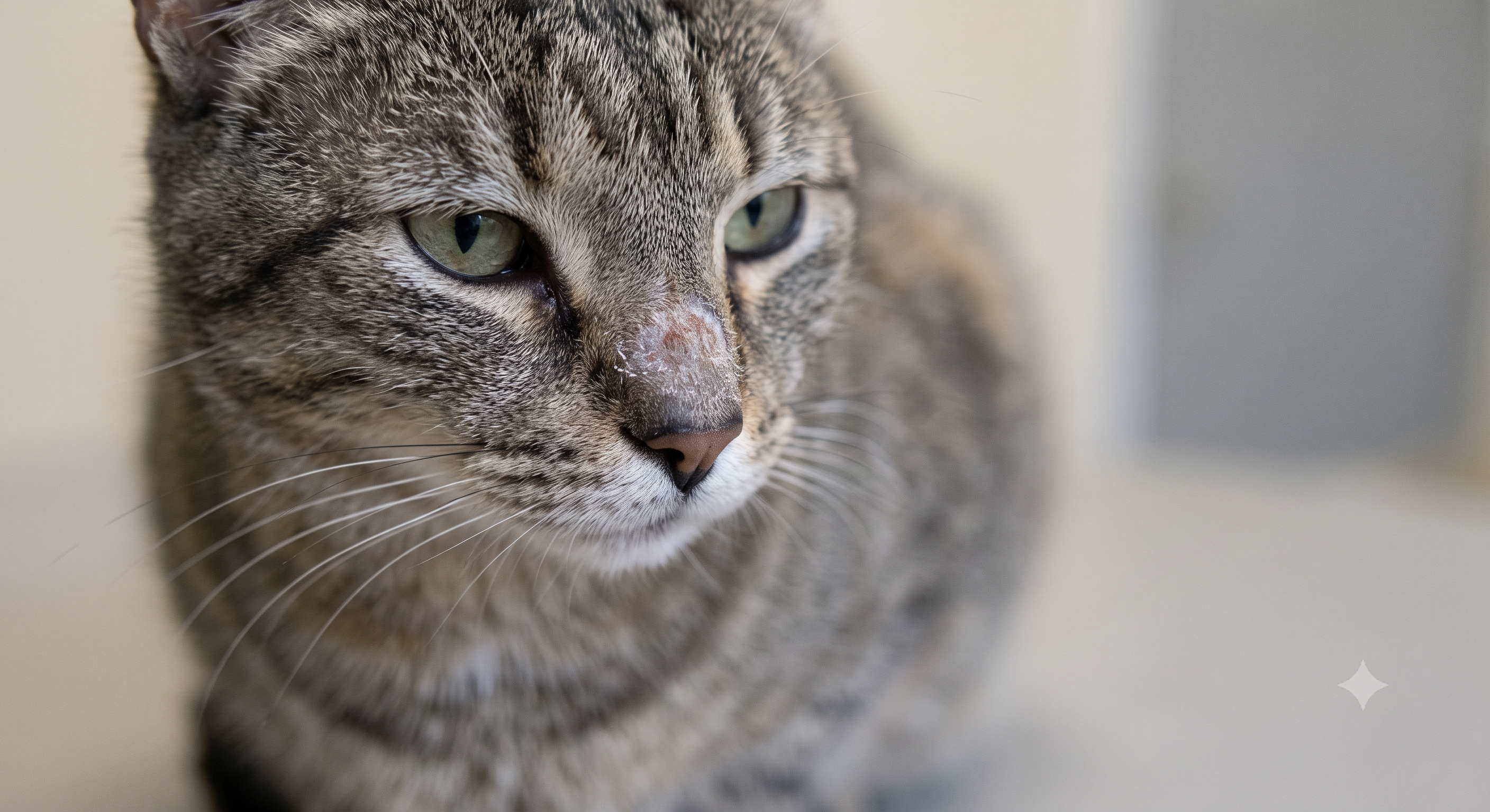 Teigne chat photo : lésion de dépilation arrondie et squameuse sur le chanfrein d'un chat