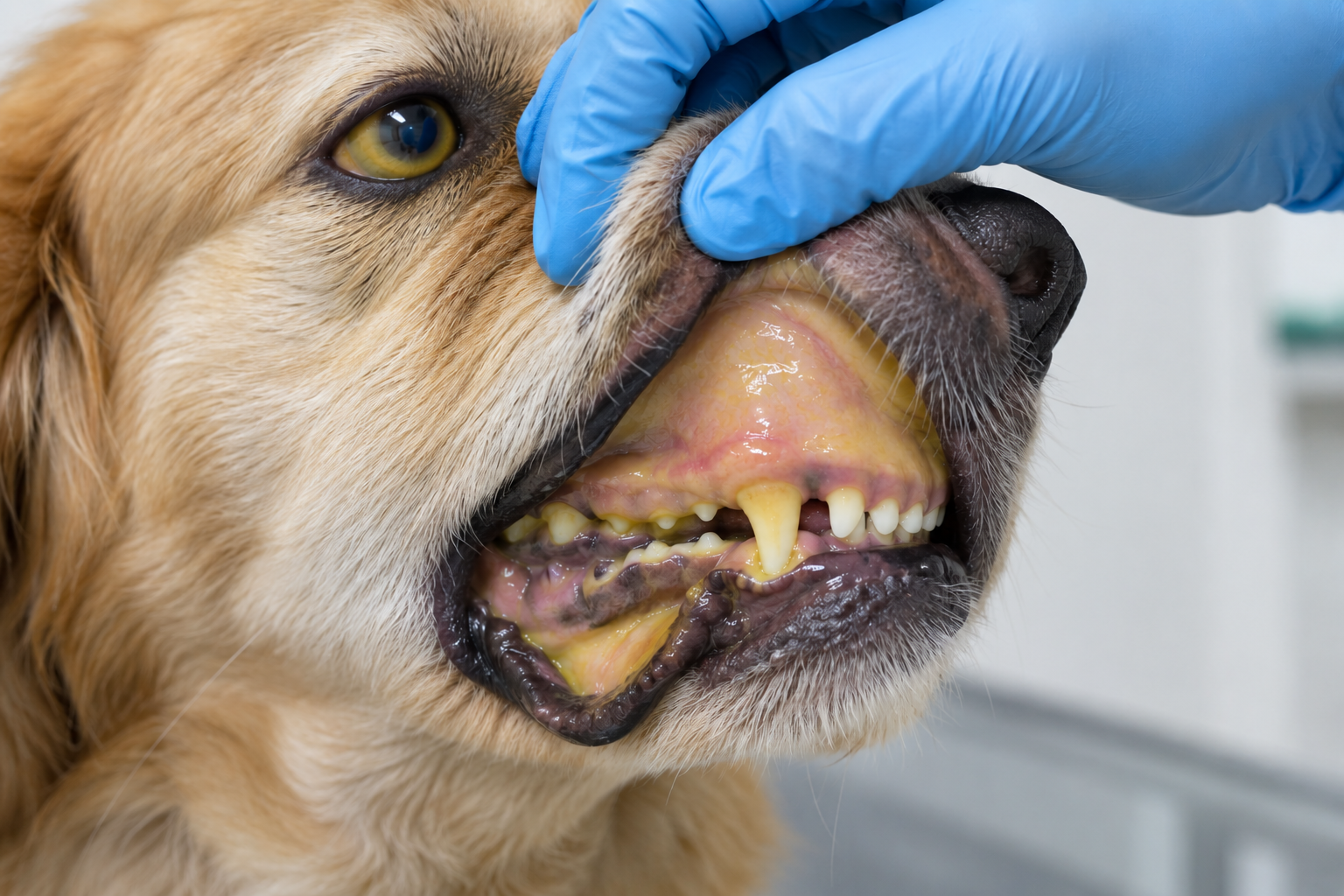 Muqueuses buccales jaunes chez un chien atteint de leptospirose, signe d'ictère imposant un appel vétérinaire