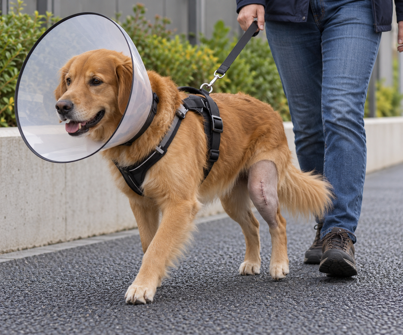 Chien en convalescence après une opération du ligament croisé, promené en laisse courte avec un harnais