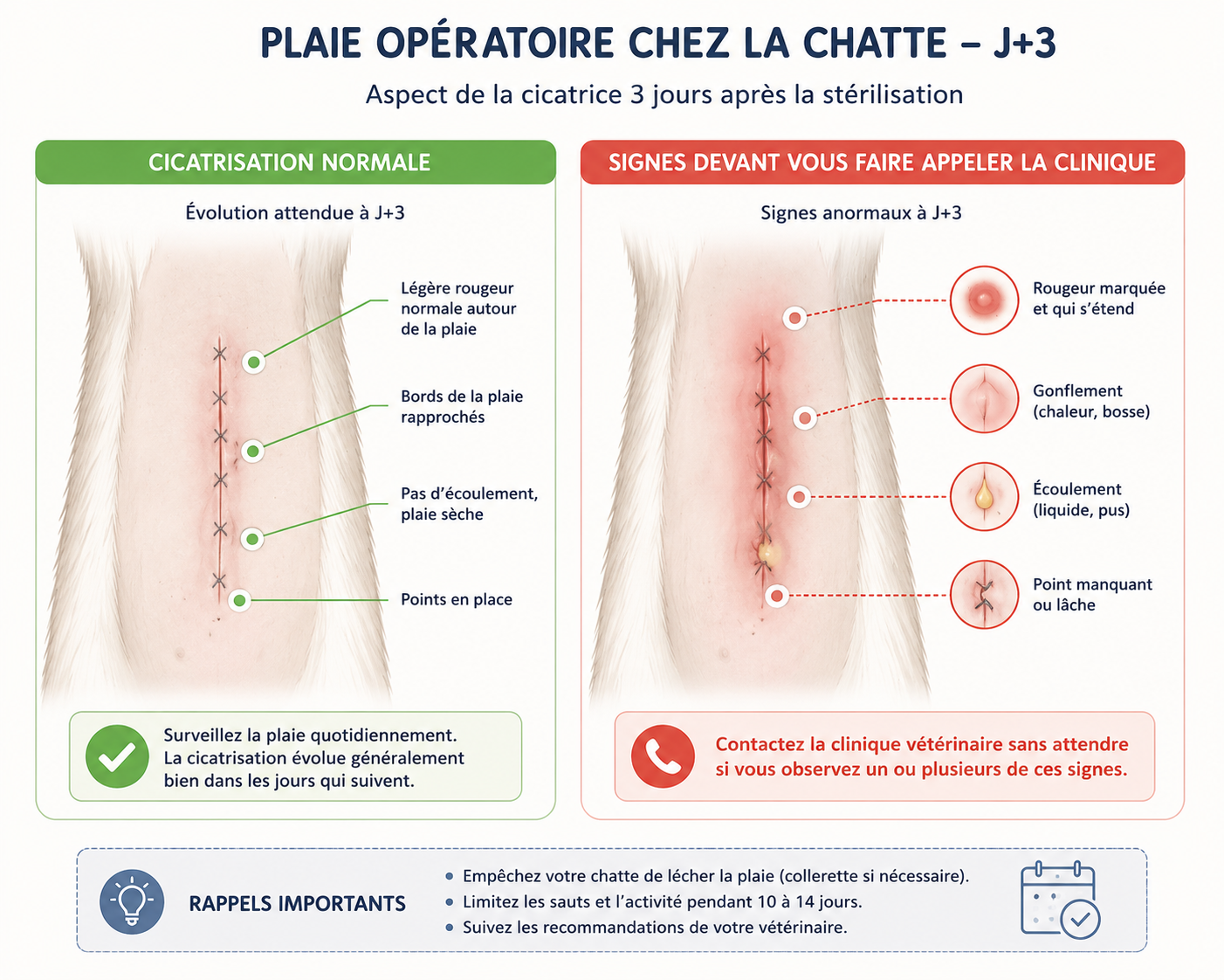 Schéma comparant une cicatrice normale et une cicatrice à surveiller après stérilisation de la chatte