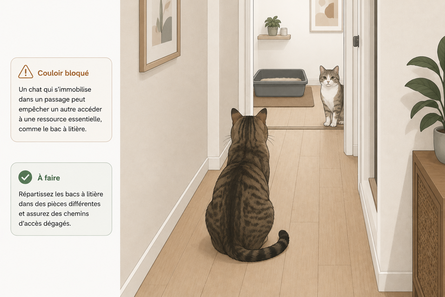 Chat bloquant un couloir et empêchant un autre chat d'accéder à la pièce du bac à litière