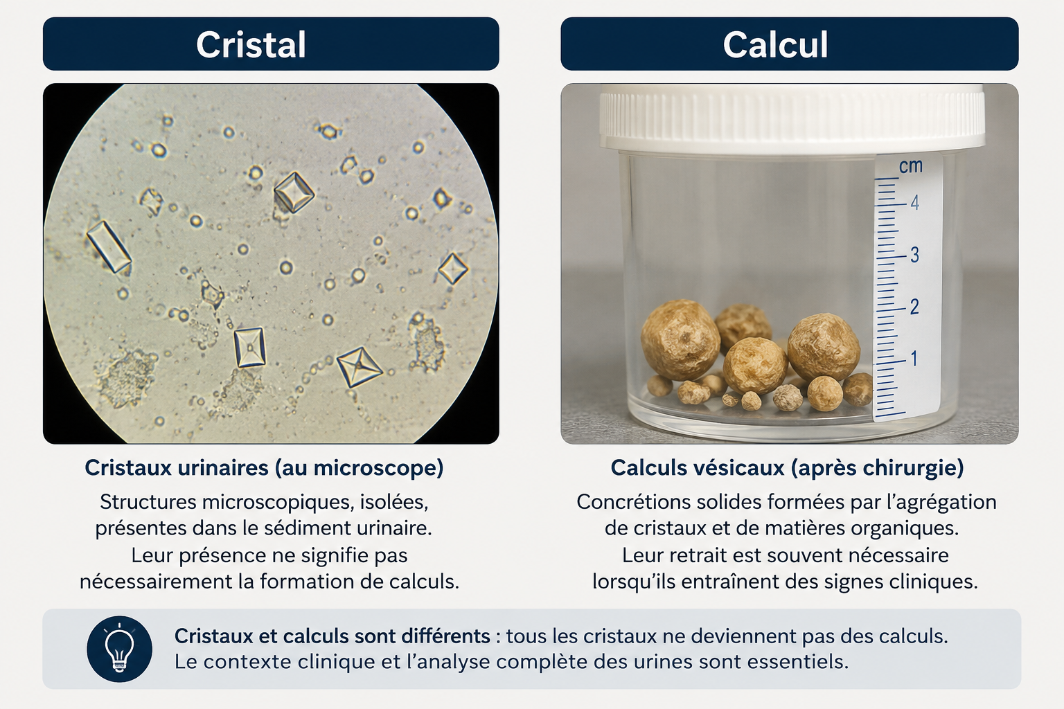 Comparaison entre cristaux urinaires vus au microscope et calculs vésicaux du chat retirés en chirurgie
