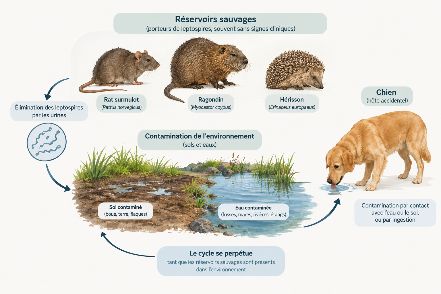 Cycle de transmission de la leptospirose chez le chien depuis les rongeurs vers le sol et l'eau contaminés