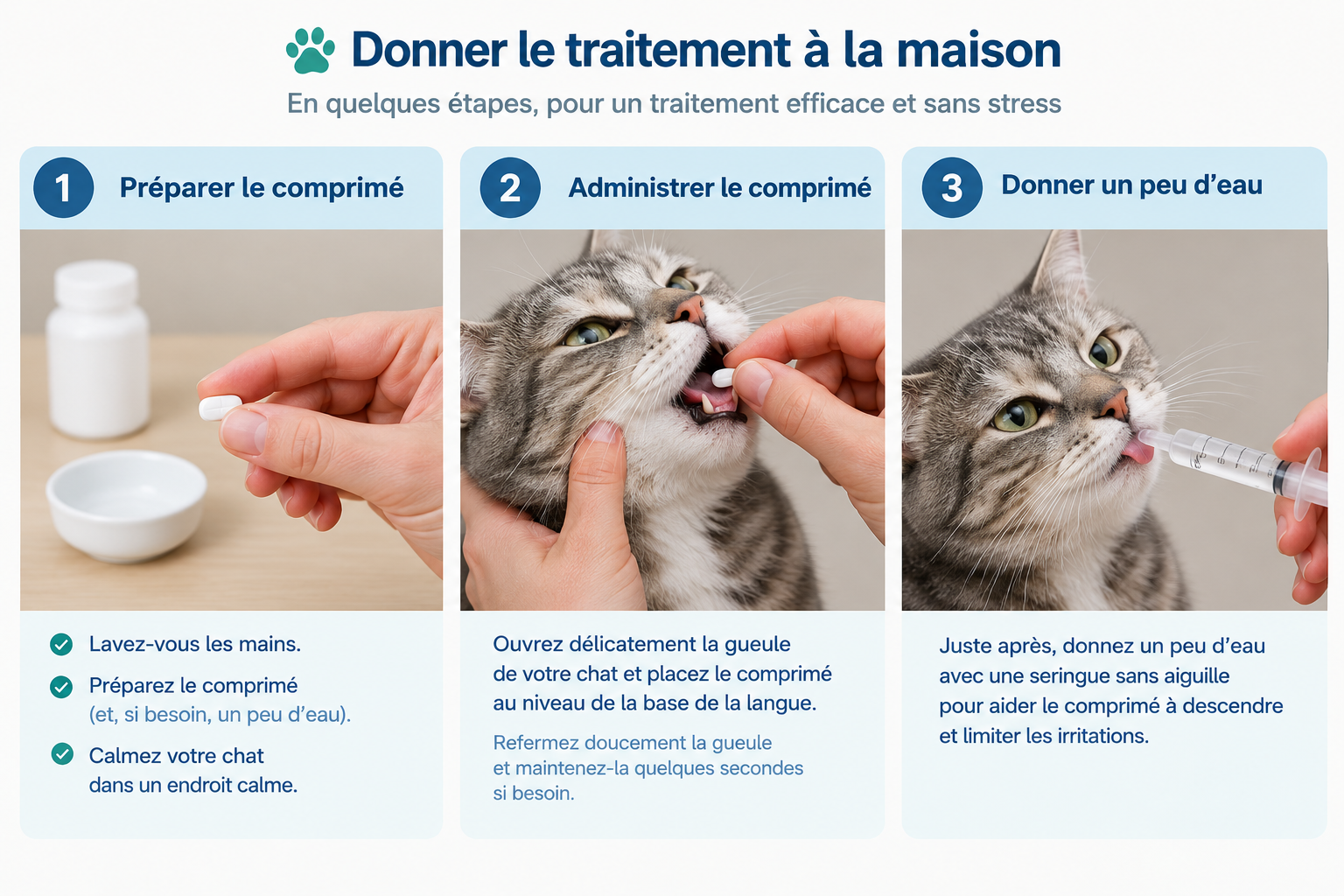 Administration d'un comprimé antibiotique à un chat, suivie d'un peu d'eau à la seringue