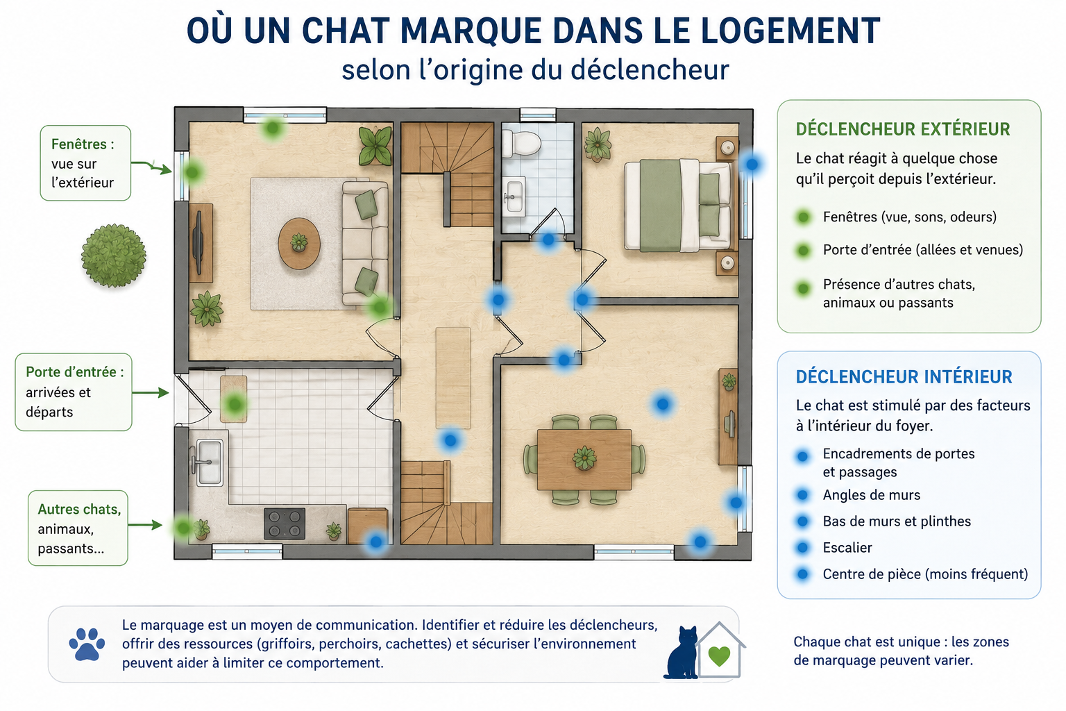 Plan d'un logement montrant où un chat marque selon que le déclencheur vient de l'extérieur ou du foyer