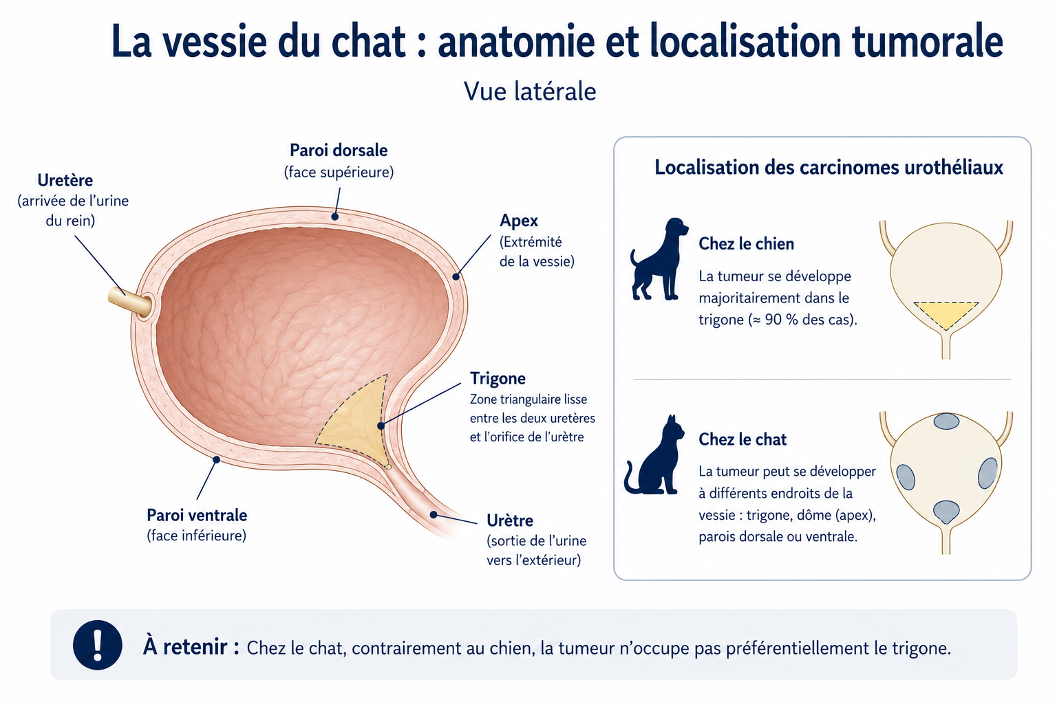 Schéma de la vessie du chat situant le trigone et les zones où se développe un carcinome urothélial