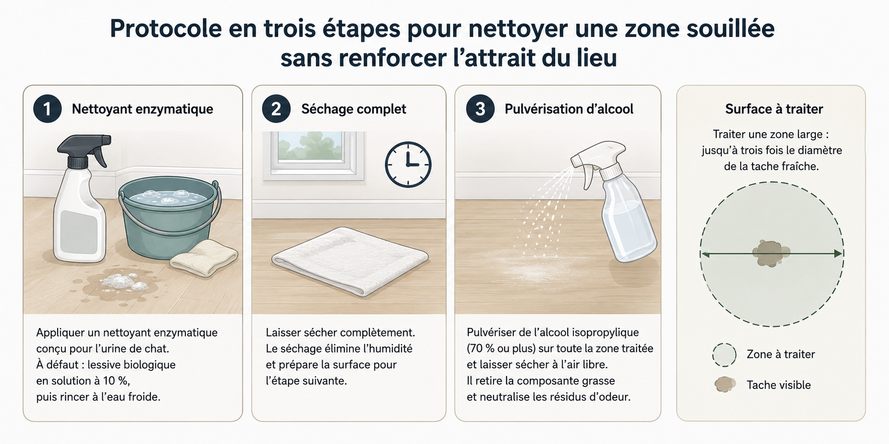 Protocole en trois étapes pour nettoyer une zone souillée par l'urine de chat sans attirer le chat