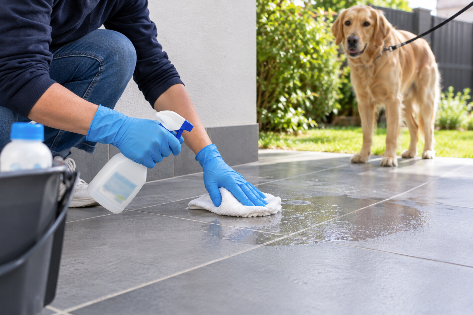 Nettoyage des urines d'un chien traité pour leptospirose avec gants et désinfectant ménager
