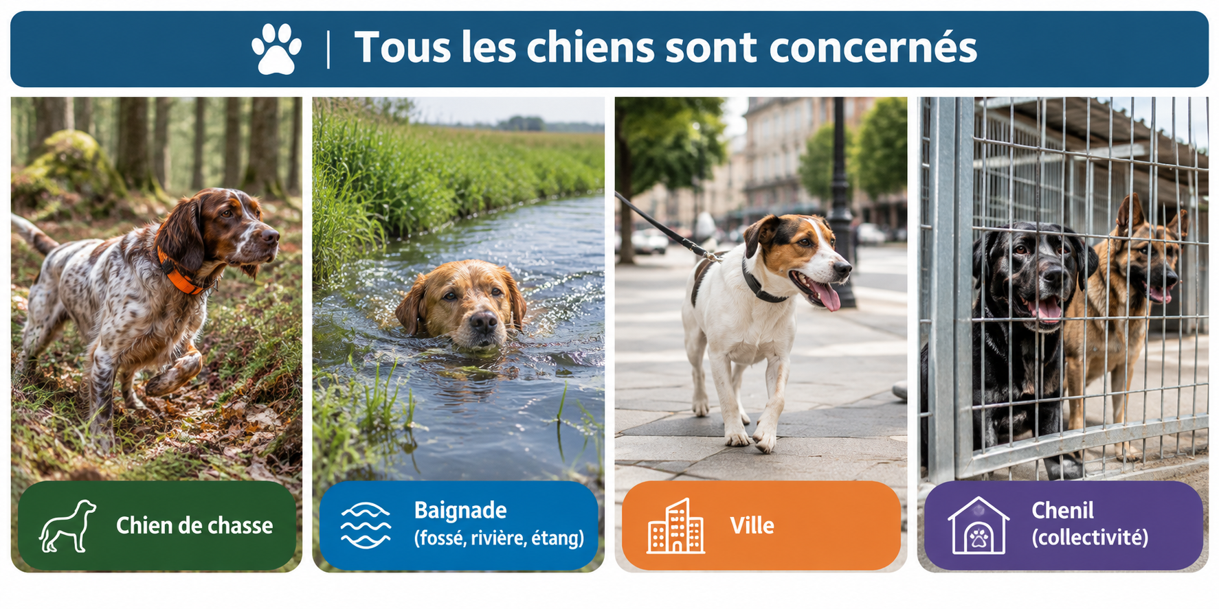 Quatre contextes d'exposition à la leptospirose du chien : chasse, baignade, ville et collectivité