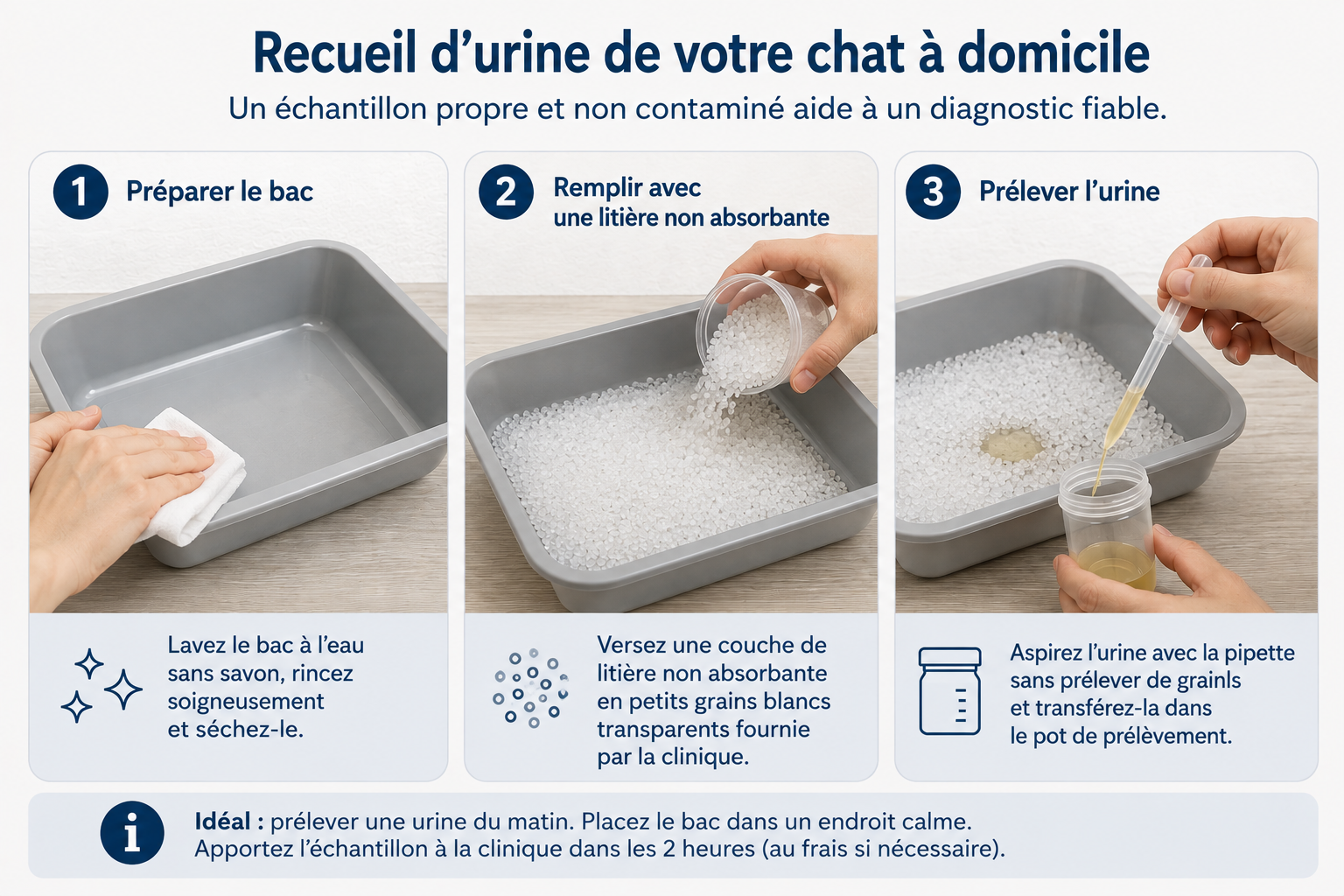 Recueil d’urine de chat à domicile en trois étapes avec une litière non absorbante fournie par la clinique