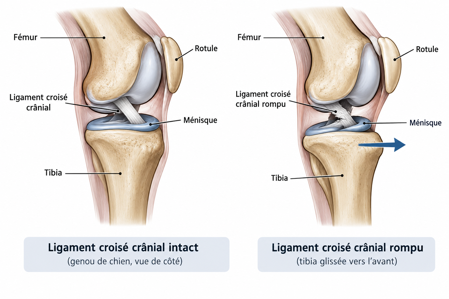 Schéma du genou d'un chien montrant le ligament croisé crânial intact puis rompu, tibia glissé vers l'avant