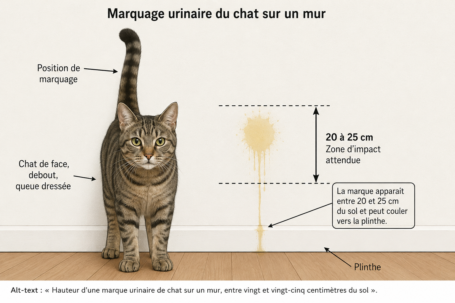 Hauteur d'une marque urinaire de chat sur un mur, entre vingt et vingt-cinq centimètres du sol