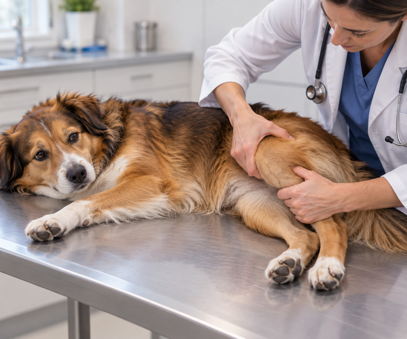 Vétérinaire examinant le genou d'un chien pour rechercher une rupture du ligament croisé