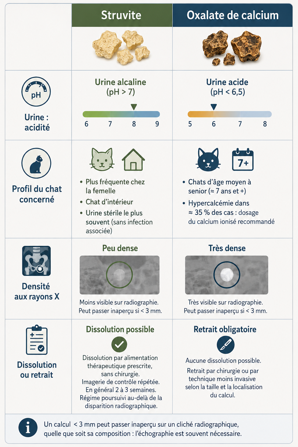 Tableau comparant les calculs de struvite et d’oxalate de calcium chez le chat, dissolution ou retrait chirurgical