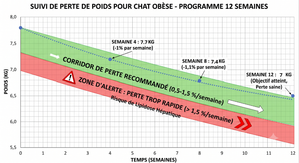 Courbe de perte de poids d'un chat obèse avec zone cible et seuil d'alerte de lipidose hépatique