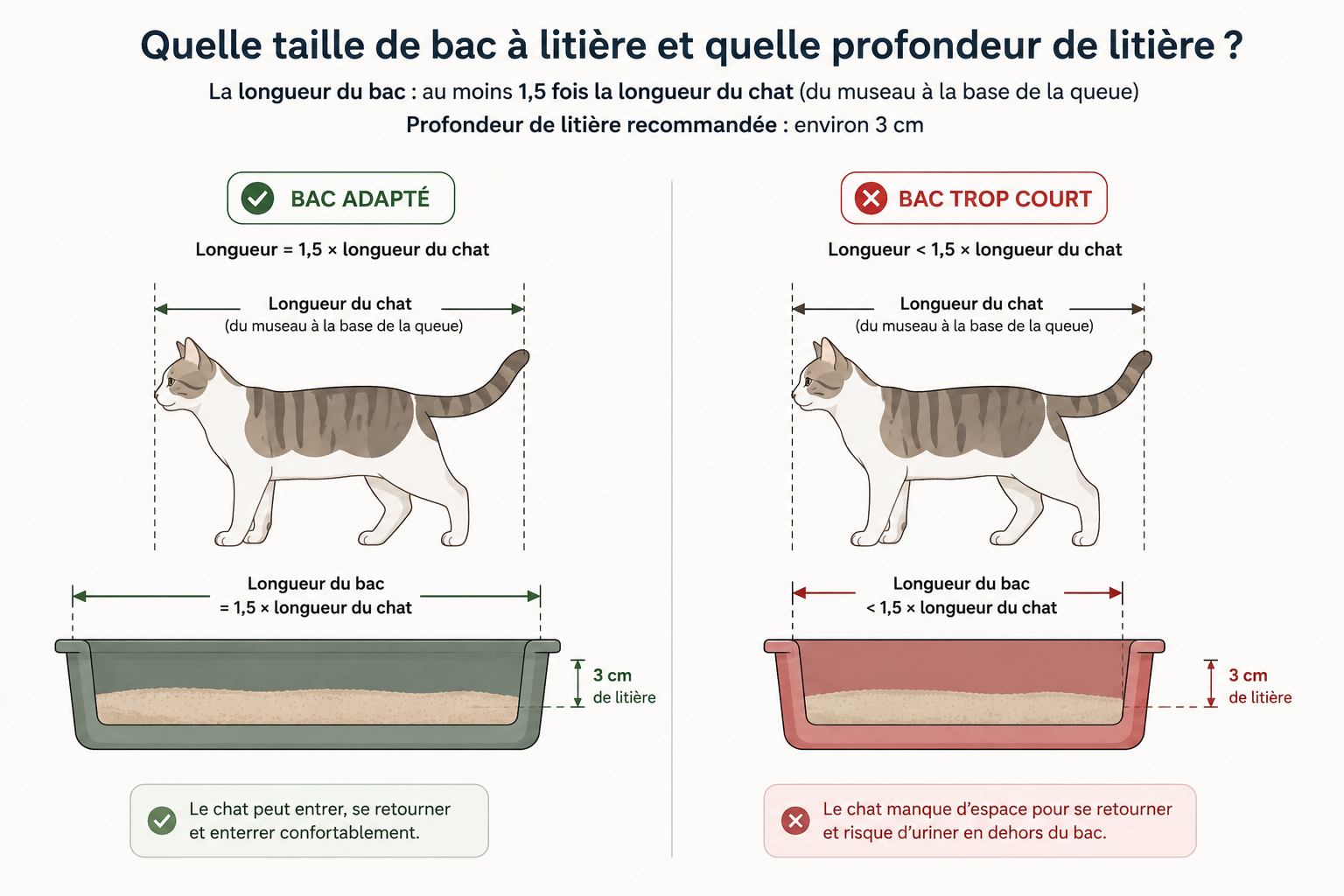 Schéma coté de la taille d'un bac à litière pour chat, une fois et demie la longueur du chat