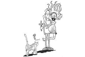 Dessin humour femme enceinte ayant peur d'un chat