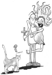 croquis femme enceinte effrayée agrippée à son mari et brandissant une croix devant un chat-toxoplasmose