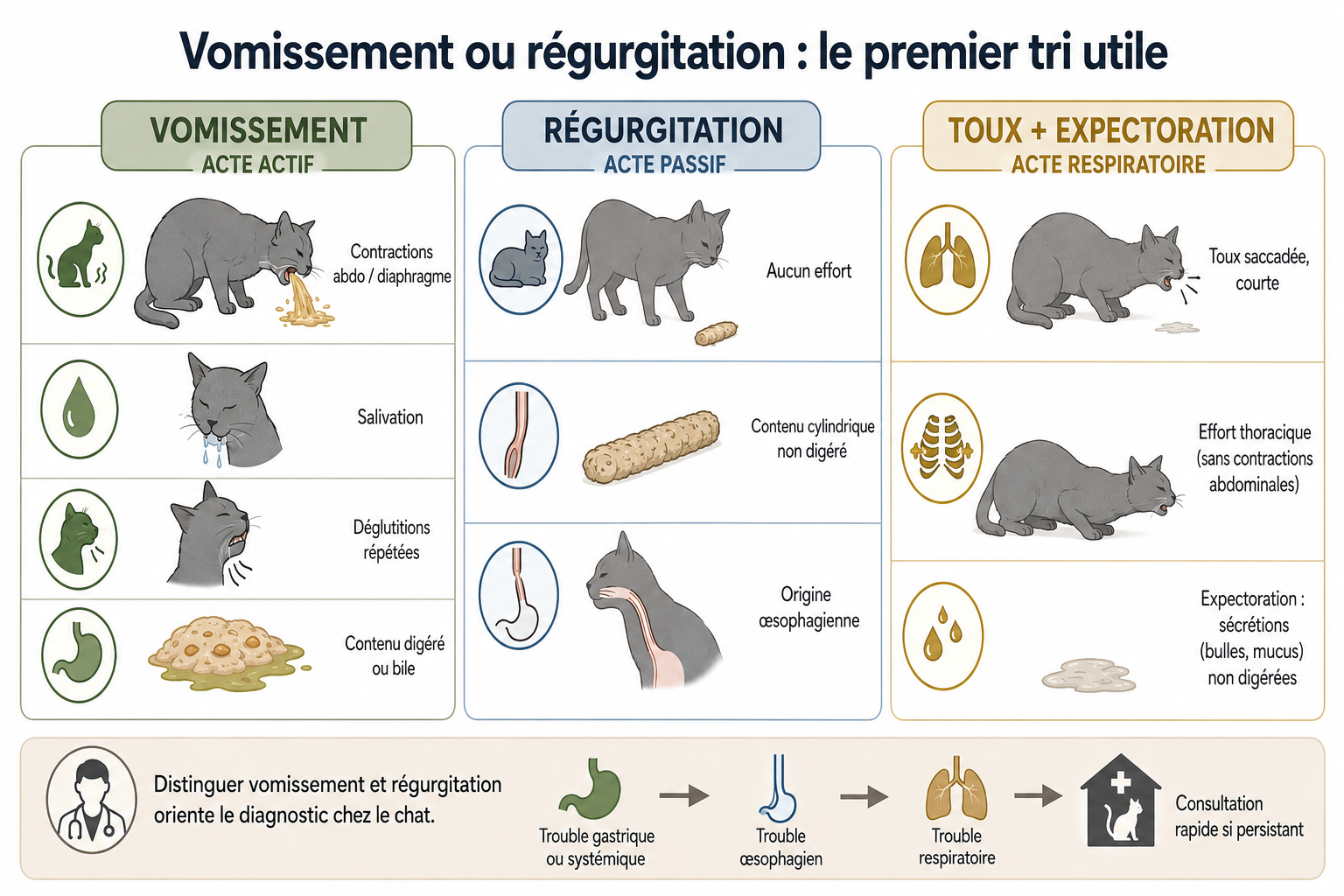 Infographie comparative en trois colonnes opposant vomissement actif, régurgitation passive et toux avec expectoration chez le chat