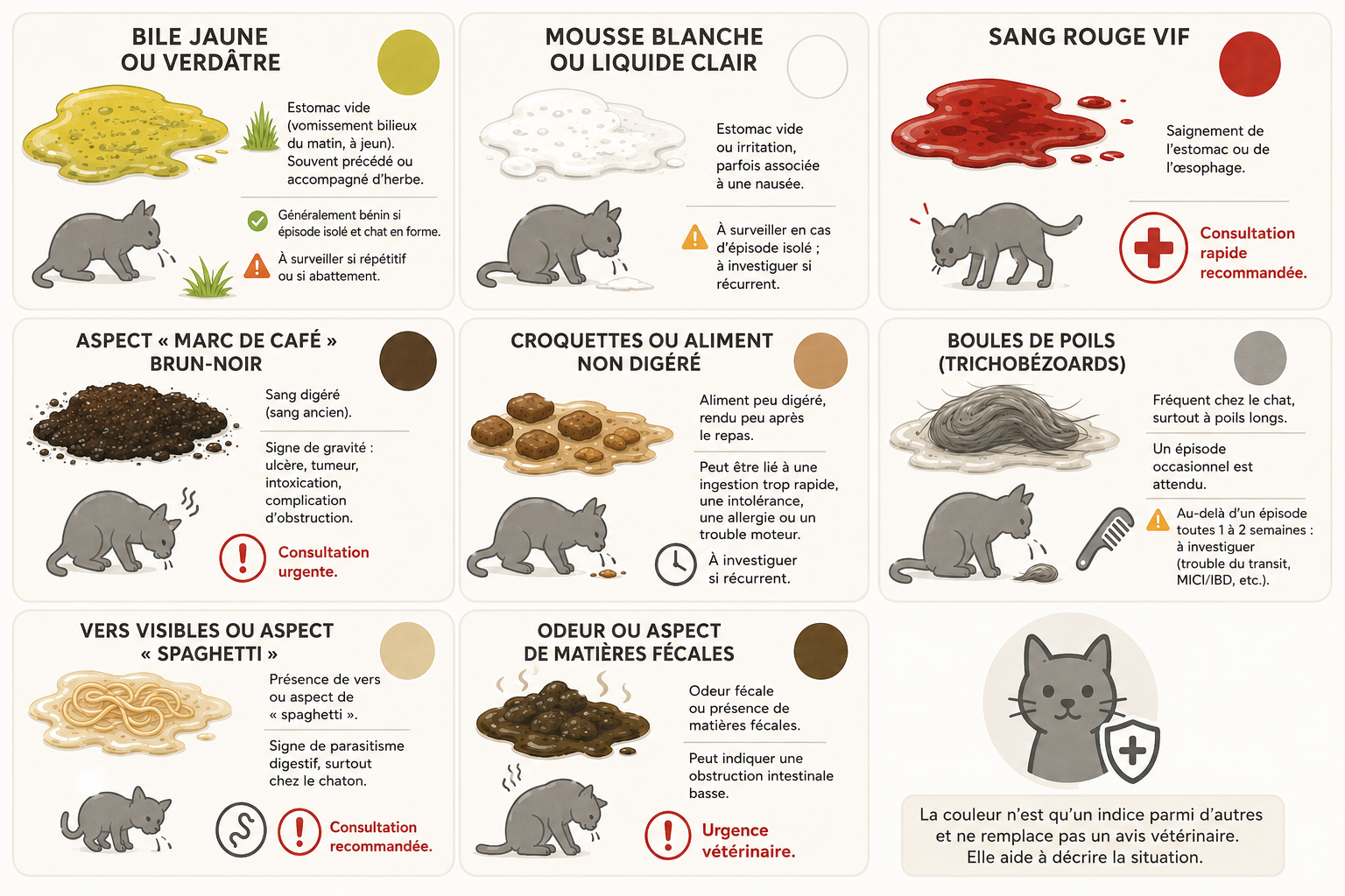 Mapping visuel des différentes couleurs et aspects de vomi chez le chat, du jaune bilieux au brun-noir marc de café, avec interprétation pour chaque aspect