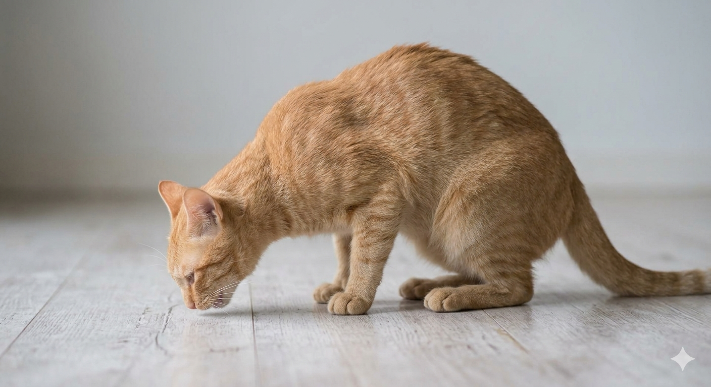 Chat domestique en posture caractéristique d'un épisode de vomissement, dos arrondi et tête baissée