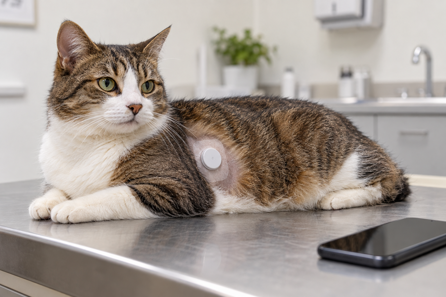 Chat diabétique portant un capteur de glucose interstitiel fixé sur la paroi thoracique pour le suivi de la glycémie