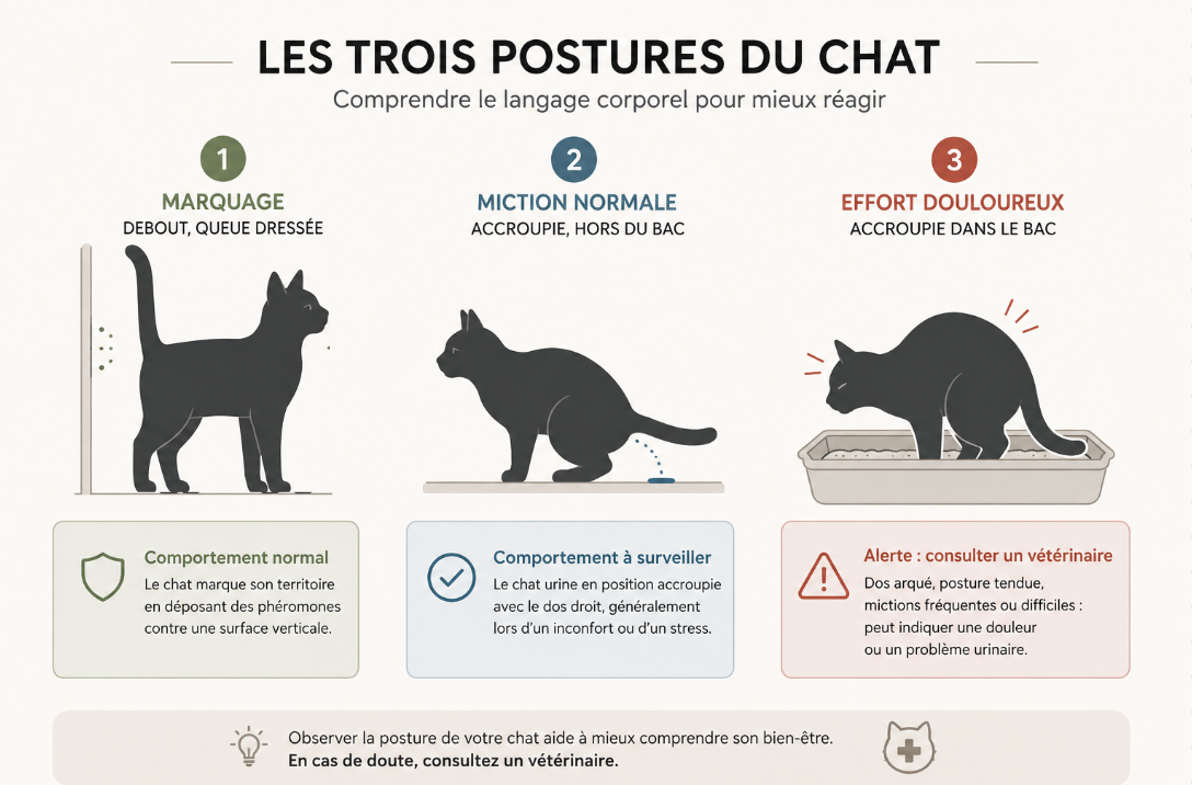 Comparaison des trois postures du chat : marquage debout, miction accroupie hors du bac et effort douloureux