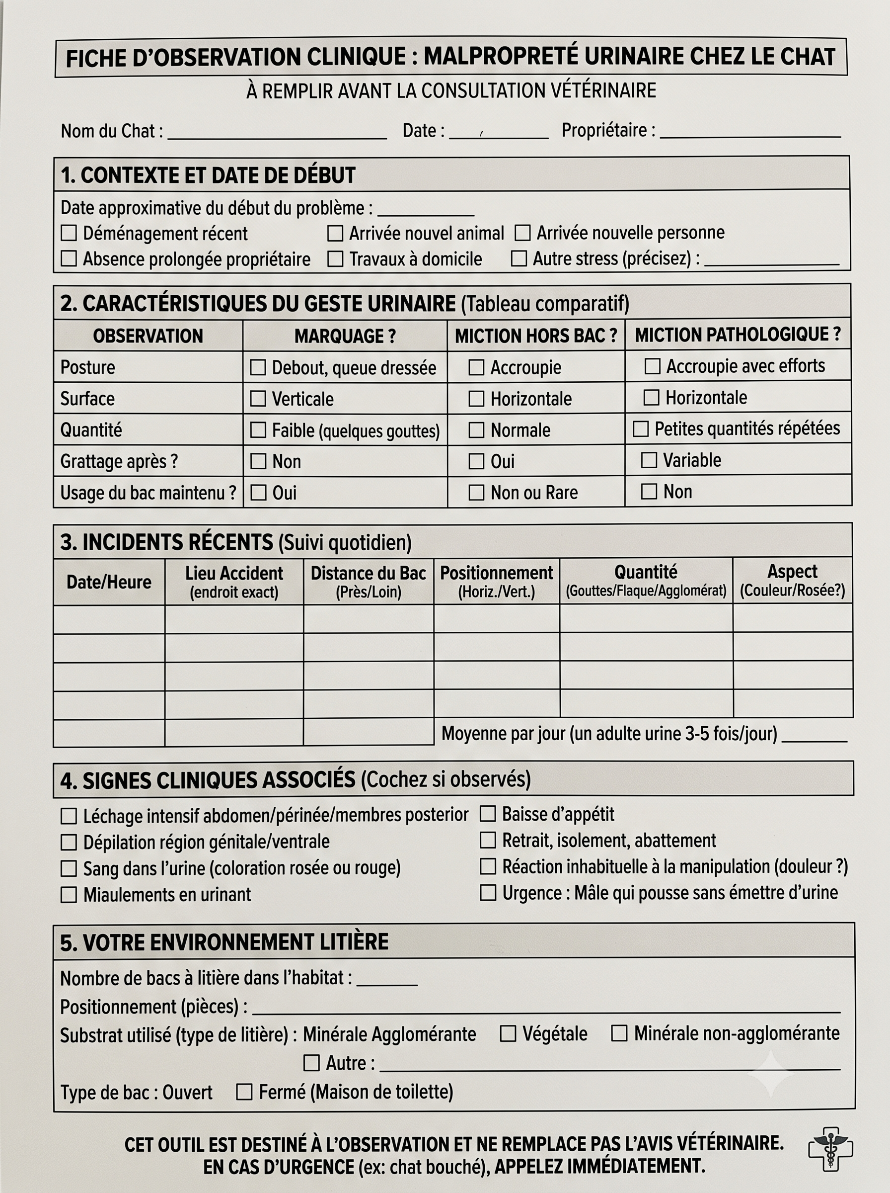 Exemple de fiche d’observation à remplir avant la consultation vétérinaire pour un chat qui urine hors de sa litière