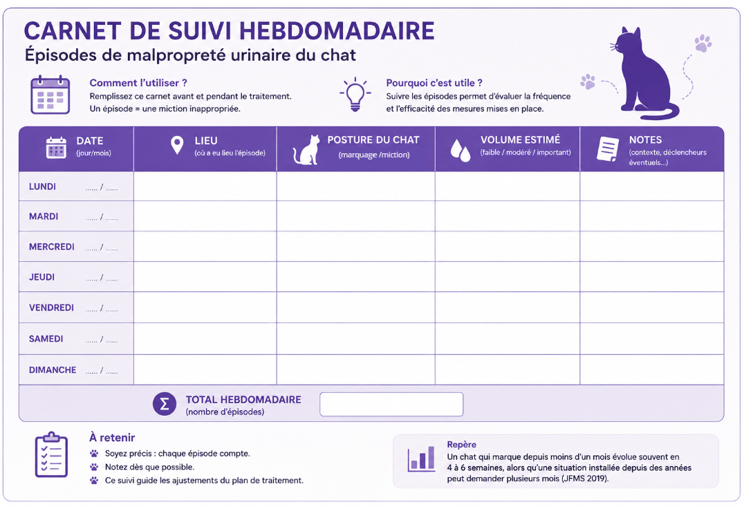 Carnet de suivi des épisodes de malpropreté urinaire du chat à remplir avant et pendant le traitement