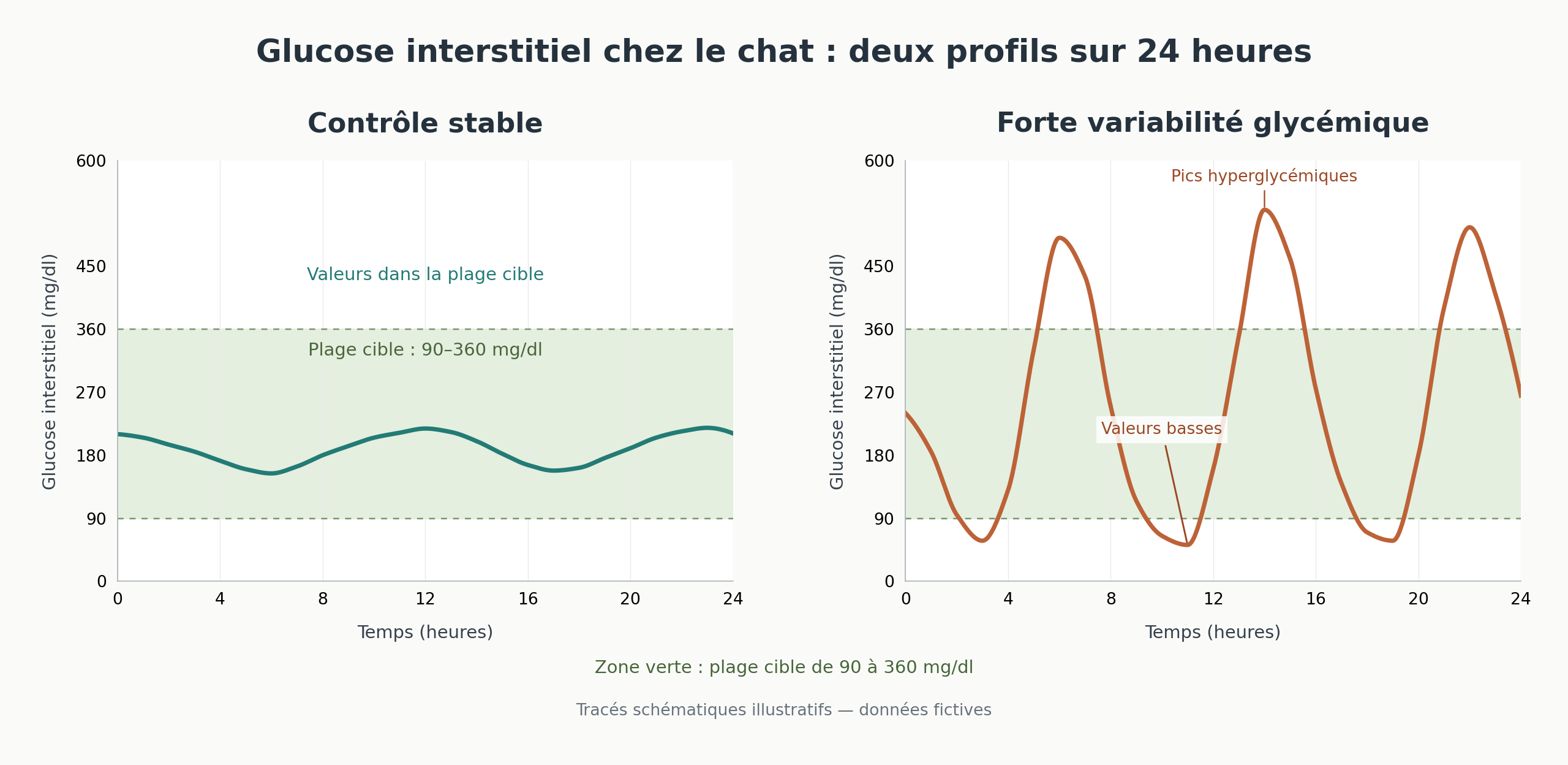 Comparaison de deux courbes de glycémie chez le chat sur capteur : contrôle stable et forte variabilité glycémique