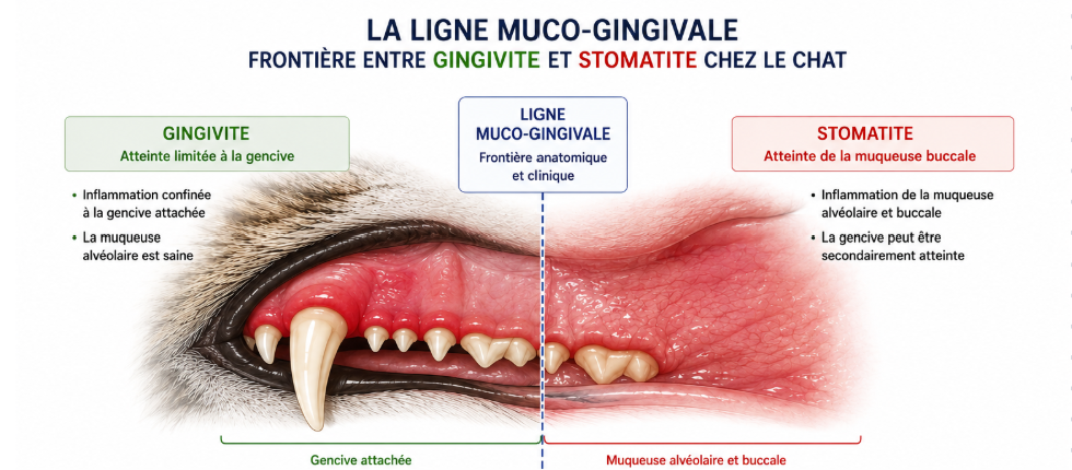 Schéma de la ligne muco-gingivale chez le chat, frontière entre gingivite confinée et stomatite étendue