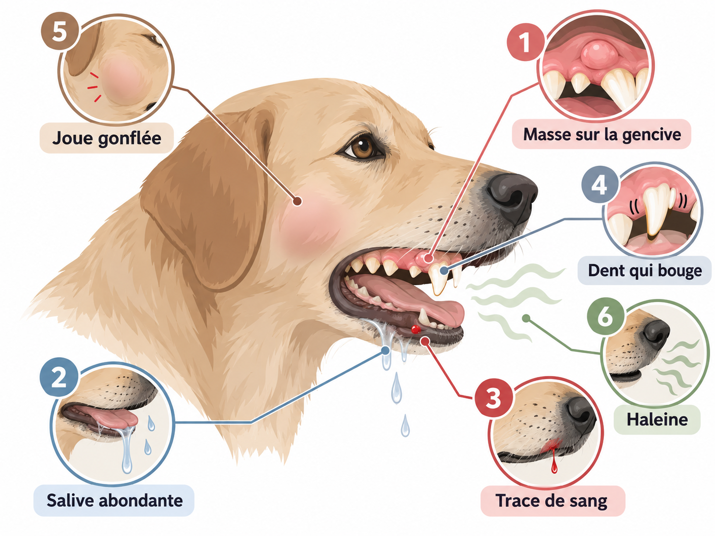 Signes d'une tumeur de la bouche chez le chien : masse, salive, sang, dent mobile et joue gonflée