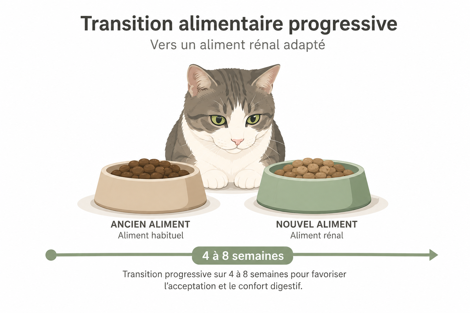 Transition alimentaire progressive vers un aliment rénal chez le chat, gamelles côte à côte