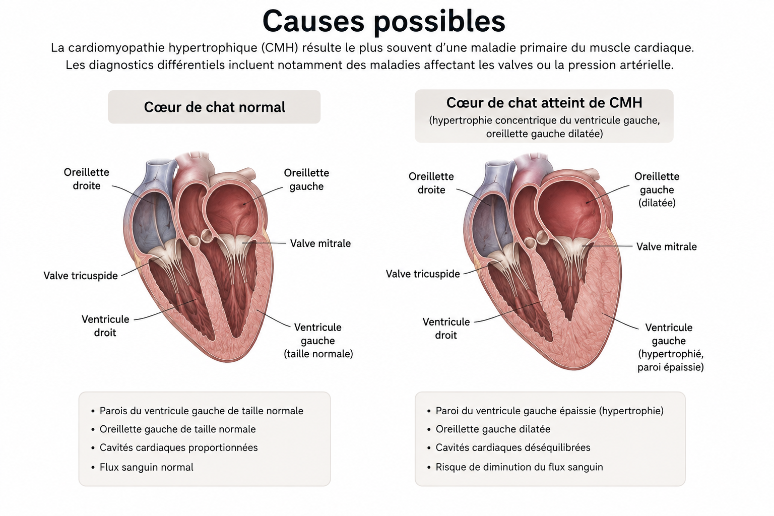 Coupe comparée d'un cœur de chat sain et d'un cœur atteint de cardiomyopathie hypertrophique