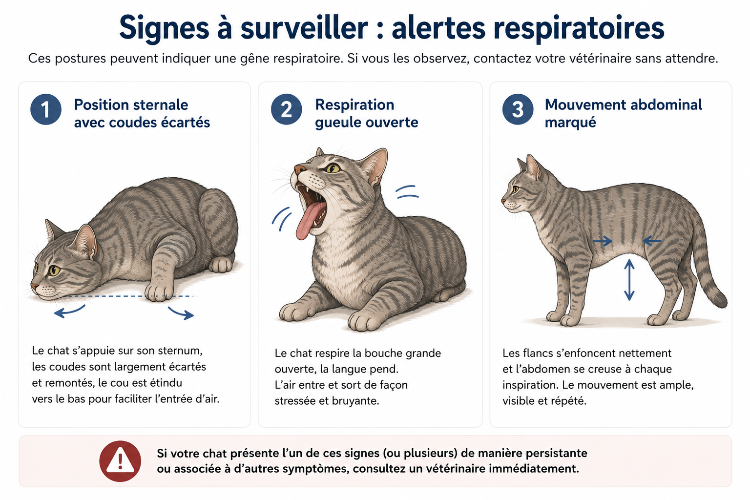 Trois postures d'alerte respiratoire chez le chat imposant un appel vétérinaire immédiat