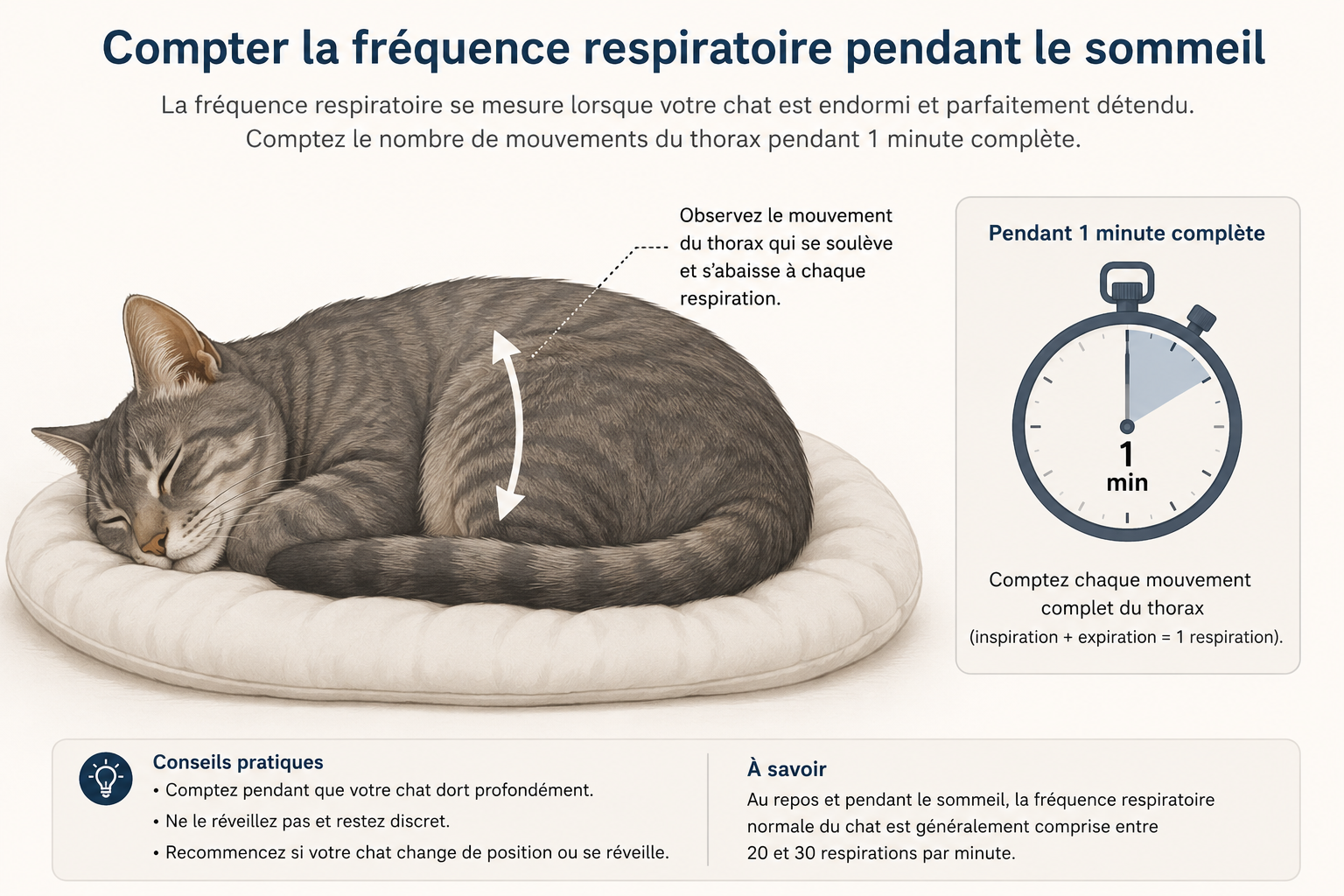 Méthode de comptage de la fréquence respiratoire d'un chat endormi sur une minute