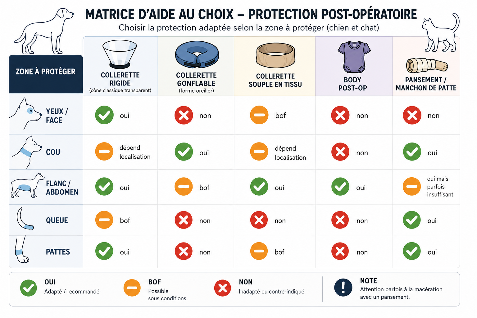 Matrice : quelle collerette ou alternative selon la zone à protéger (tête, cou, flanc, abdomen, patte, queue) chez chien et chat.