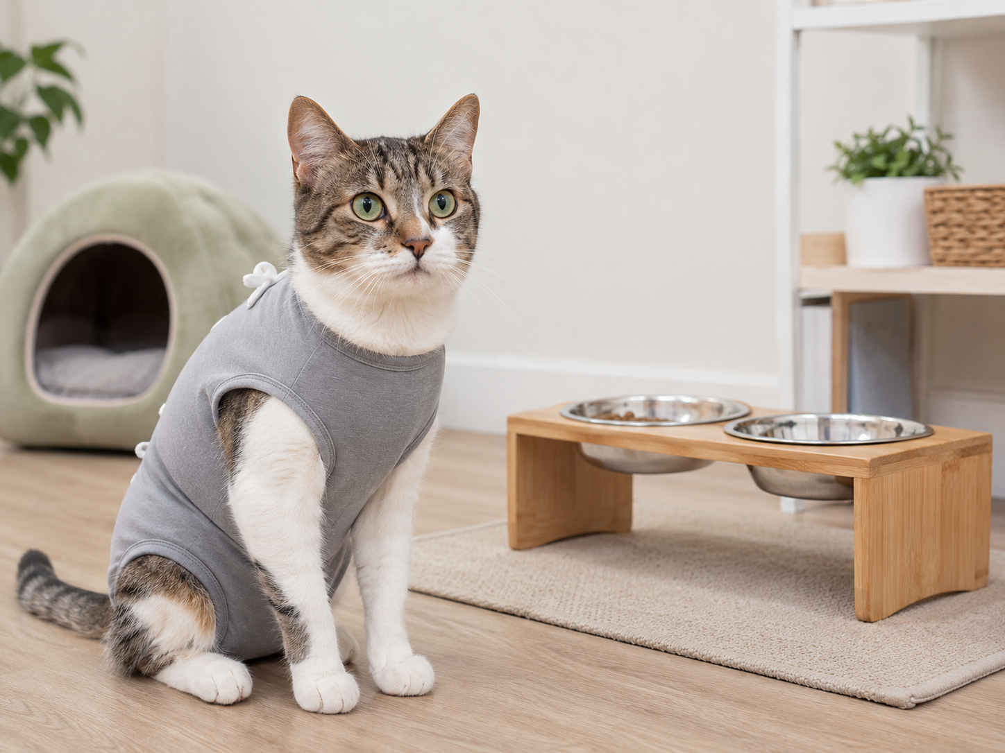 Chat en convalescence post-opératoire avec body médical et gamelle surélevée pour faciliter l'alimentation.